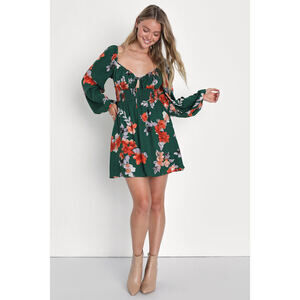 NWOT Lulus Cutie Moment Green Floral Print Long Sleeve Mini Dress - Size XL